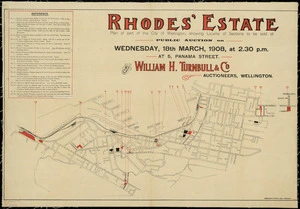 Rhodes estate [cartographic material] : plan of part of the city of Wellington, showing locality of the sections to be sold at public auction by William H. Turnbull & Co., Auctioneers.
