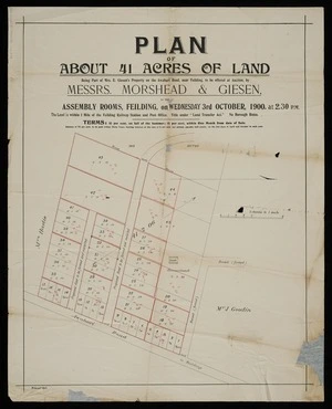 Plan of about 41 acres of land [cartographic material] : being part of Mrs. E. Giesen's property on the Awahuri Road, near Feilding ... .