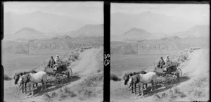 Two unidentified people on a carriage travelling along a dirt road [Central Otago?]