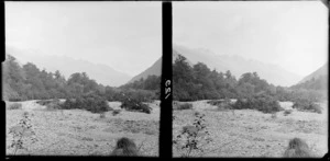 Dry river bed, mountain range in distance, [Fiordland National Park, Southland District?]