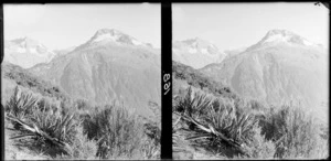 View of snow-capped mountains, across a mountain slope covered in sub-alpine mountain scrub, [Fiordland National Park, Southland District?]