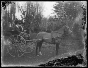 Two unidentified women on a horse drawn buggy, probably Hastings district