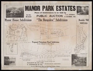 Manor Park estates [electronic resource] : plans of subdivisions to be sold by public auction, 2 p.m., Saturday, 1st December 1928 / [surveyed by] Seaton, Sladden & Pavitt.