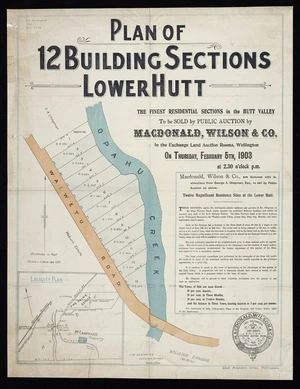 Plan of 12 building sections, Lower Hutt  ... to be sold ... by MacDonald, Wilson & Co. ... on Thursday February 5th 1903  / surveyed by E. W. Seaton.