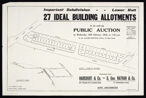 Important subdivision Lower Hutt : 27 ideal building allotments to be sold by public auction on Wednesday, 16th February, 1938 at 7.30 p.m. at the Maori Meeting Hall, 37 Hutt Road / H.P. Hanify & Son, surveyors.