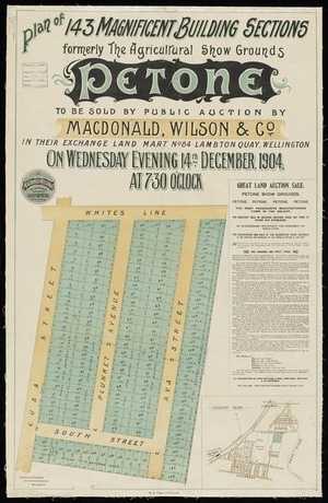 Plan of 143 magnificent building sections, formerly the Agricultural Show Grounds, Petone : to be sold by public auction ... 1904 / Seaton & Sladden, surveyors.