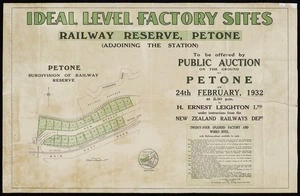 Ideal level factory sites, railway reserve, Petone (adjoining the station) : to be offered ... under instruction from the New Zealand Railways Dept.