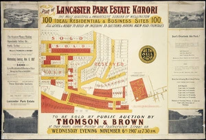 Plan of Lancaster Park Estate, Karori [cartographic material] : the most beautiful & progressive suburb of Wellington : 100 ideal residential & business sites.