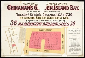 Plan of the subdivision of the Chinaman's garden, Island Bay : to be sold by public auction on Tuesday evening, December 12th, at 7.30 by Messrs Sidey, Meech & Coy. in their rooms, Manners St. Wellington : 36 magnificent building sites / H.P. Hanify, authorised surveyor.