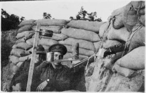 Dr Duncan Stout with remotely fired rifle in trench, Gallipoli