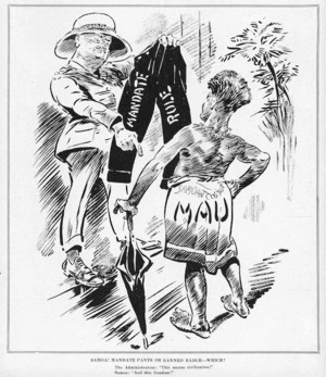 Blomfield, William, 1866-1938 :Samoa! Mandate pants or banned badge - which? New Zealand Observer, 28 March 1930 (front page).