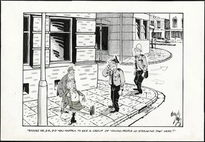 Lodge, Nevile Sidney, 1918-1989 :Excuse me, sir, did you happen to see a group of young people go 'streaking' past here? Evening Post, 1974.
