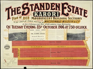 The Standen Estate, Karori [cartographic material] : plan of 202 magnificent building sections to be sold by public auction by MacDonald, Wilson & Co. ... on Tuesday, 23rd October, 1906 / Middleton & Smith, surveyors.
