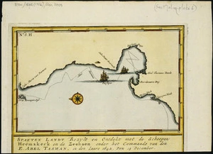 Staeten Landt bezylt en ontdekt met de scheepen Heemskerk en de Zeehaen onder het Commande van den E. Abel Tasman, in den iaare 1642, den 13 December [cartographic material] / F. Ottens fec. direxit.