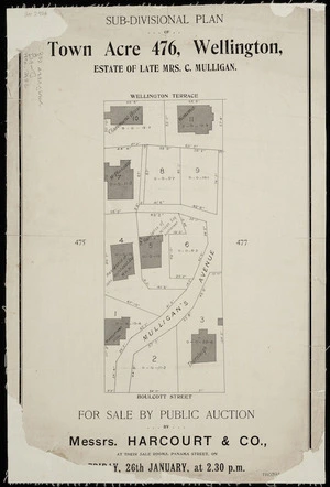 Sub-divisional plan of Town Acre 476, Wellington, estate of late Mrs. C. Mulligan [cartographic material] / [Thomas Ward, surveyor].
