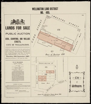 Wellington Land District no. 495, part of section 128 [cartographic material] : lands for sale in Cuba, Crawford and Wallace Streets, city of Wellington.