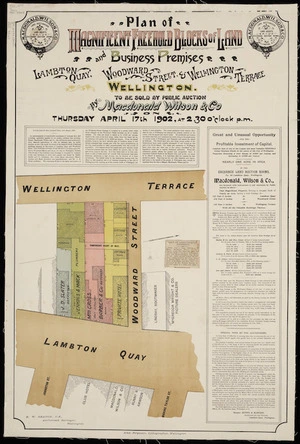 Plan of magnificent freehold blocks of land and business premises, Lambton Quay, Woodward Street & Wellington Terrace [cartographic material] / E.W. Seaton, surveyor.