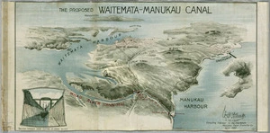 The proposed Waitemata-Manukau canal [cartographic material] / W.H. Hamer, consulting engineer to the Waitemata Manukau Canal Promotion Co.
