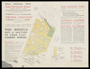 Tawa Flat, garden suburb [cartographic material] : the pick of Tawa Flat : 114 residential and 11 business sites ... / R.B. Hammond, architect & town planner.