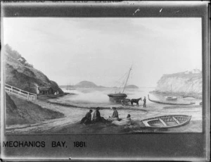 Photographic copy of an original painting by Samuel E Stuart, showing Mechanics Bay, Auckland
