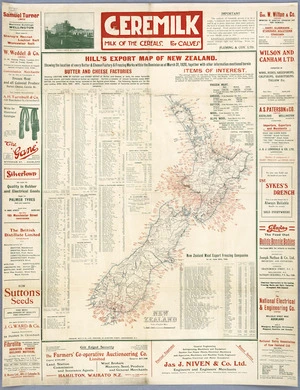 Hill's export map of New Zealand [cartographic material] : showing the location of every butter & cheese factory & freezing works  within the Dominion as at March 31, 1920, together with other information.