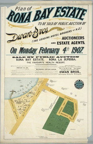 Plan of Rona Bay Estate [cartographic material] : to be sold by public auction by Dwan Bros. ... on Monday, February 4th 1907 / A.P. Mason, authorised surveyor.