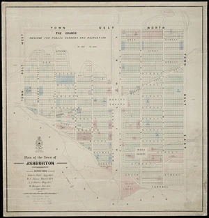 Plan of the town of Ashburton [cartographic material] / Surveyors: Robert Park Aug. 1863 ; W.F. Moore March 1874, L.A. Slater May 1977, W. Harper, Jan. 1879.