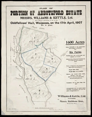 Plan of portion of  Abbotsford estate [cartographic material] : Messrs. Williams & Kettle have received instructions to sell at the Oddfellows' Hall, Waipawa, on the 17th April, 1907 at 2 pm. / Kennedy Bros. & Morgan, surveyors.