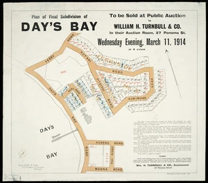 Plan of final subdivision of Day's Bay [cartographic material] : to be sold at public auction by William H. Turnbull & Co. in their auction room, 27 Panama St., Wednesday evening, March 11, 1914 at 8 o'clock / Seaton, Sladden & Pavitt, civil engineers & surveyors.