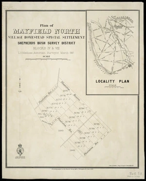 Plan of Mayfield North village homestead special settlement, Shepherd's Bush  survey district, Blocks IV & VIII [cartographic material] / L.O. Mathias, assistant surveyor, March 1887.