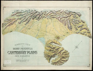 Bird's eye view of Banks Peninsula and Canterbury Plains, New Zealand [cartographic material].