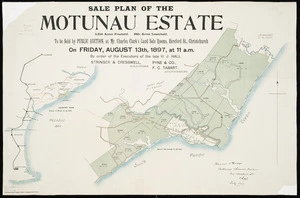 Sale plan of the Motunau estate [cartographic material] : 4,254 acres freehold 260 1/2 acres leasehold to be sold by public auction at Mr. Charles Clark's land sales rooms, Hereford St., Christchurch on Friday, August 13th, 1897, at 11 a.m. / Hanmer & Bridge, authorised licensed surveyor.