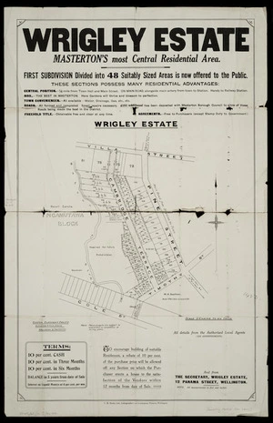 Wrigley estate [cartographic material] : Masterton's most central residential area / Seaton, Sladden & Pavitt, surveyors.