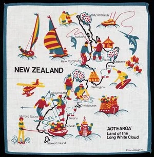 Clarke Design NZ Ltd :New Zealand, 'Aotearoa', Land of the Long White Cloud. [Copyright] Clarke Design NZ [Handkerchief. 1980-1990s?]