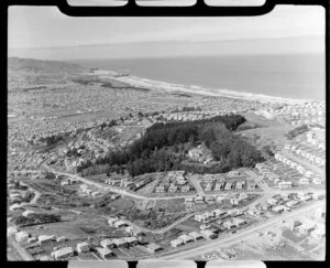 View over Saint Kilda with large house surrounded by trees, and Saint Clair residential areas, Dunedin City, showing Tonga Park and the Forbury Park Trotting Club looking to the coast and Saint Kilda Beach