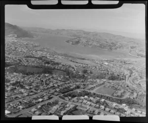 View of Dunedin City showing residential houses of South Dunedin, Unity Park, Dunedin Harbour and Waverley, with Otago Peninsula beyond