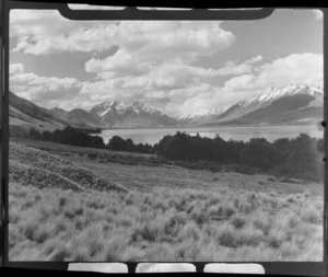 Lake Ohau, Central Otago, view towards head of lake from tussock covered slope foreground, trees by lake edge, snow covered mountains beyond