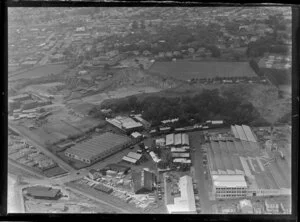Mount Eden, Auckland, view over the Colonial Ammunition Company plant with shot tower next to The Kauri Timber Co Ltd, Normanby Road, with residential housing, Auckland Grammar School and Mount Eden Prison