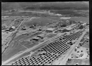 New Zealand Forest Products (NZFP) Ltd, Pulp and Paper mill, Kinleith, South Waikato, showing workers' huts