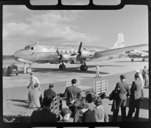 Arrival of BCPA (British Commonwealth Pacific Airlines) aircraft at Whenuapai airport, Auckland