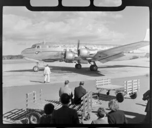 Arrival of BCPA [British Commonwealth Pacific Airlines] aircraft at Whenuapai Airport, Auckland