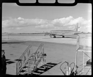 Arrival of BCPA [British Commonwealth Pacific Airlines] aircraft at Whenuapai Airport, Auckland