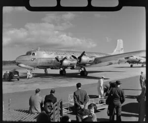 Arrival of BCPA (British Commonwealth Pacific Airlines) aircraft at Whenuapai Airport, Auckland