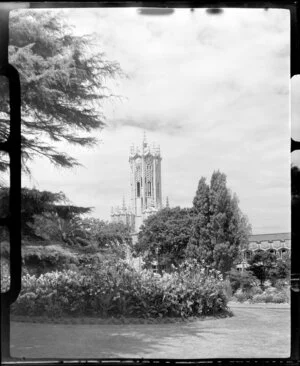 View of Auckland University clock tower building from gardens in Albert Park, Auckland