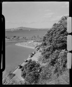 View from Judges Bay Road, Parnell Baths, looking out towards Rangitoto Island, Parnell, Auckland