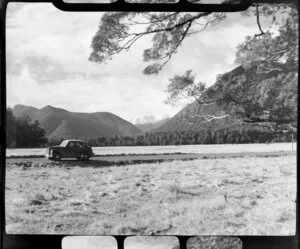 Lewis Pass, Maruia, Buller District, showing road and car