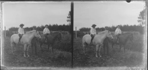 Owen William and Edgar William Williams on horseback [Shetland ponies?], with unidentified man, Dunedin area, Otago Region