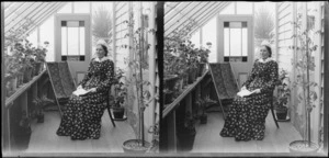 Ellen Devereux in conservatory at William Williams and Lydia Myrtle Williams' Royal Terrace house, Kew, Dunedin, Otago Region