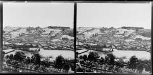 Snow covered valley and houses [Dunedin?], Otago Region