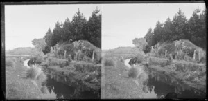 Woman and child, watching a man, [fishing?] in a creek, [Taieri River?], South Otago